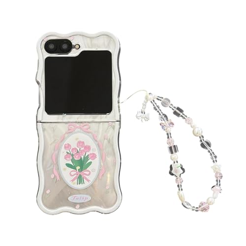 SCJLSDA Schutzhülle für Samsung Galaxy Z Flip 5, mit Spiegel, exquisites süßes Blumen- und Schleifenmuster, Motiv: Frau, Schmetterling, Biene, Cartoon, Handy-Schutzhülle mit Armband (Tulpe) von SCJLSDA