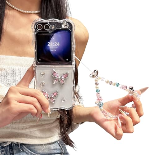 SCJLSDA Schutzhülle für Samsung Galaxy Z Flip 5, niedlich, Mädchen, glänzend, 3D-Diamant-Edelstein, Schmetterling-Design, exquisite transparente Handy-Schutzhülle mit Armband (Rosa) von SCJLSDA