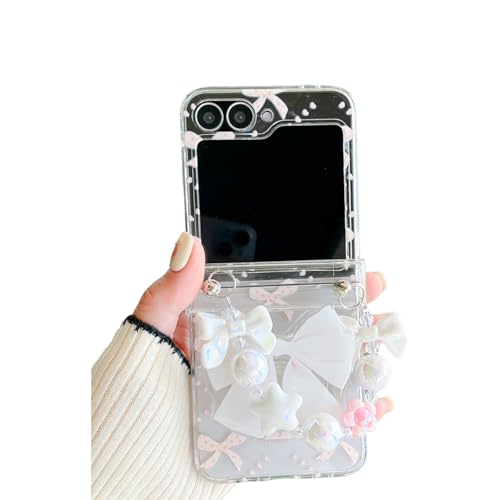 SCJLSDA Schutzhülle für Samsung Galaxy Z Flip 5, niedlich, exquisites Schleifenmuster, klare Blumen, Schutzhülle für Z Flip 5, mit Perlenarmband, Weiß von SCJLSDA