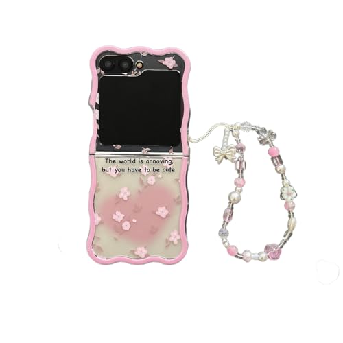 SCJLSDA Schutzhülle für Samsung Galaxy Z Flip 5, niedliches Schleifen-Blumenmuster, Kawaii, Kaninchen, Schmetterling, Tier, faltbare Handyhülle mit exquisitem Armband (rosa Blumen) von SCJLSDA