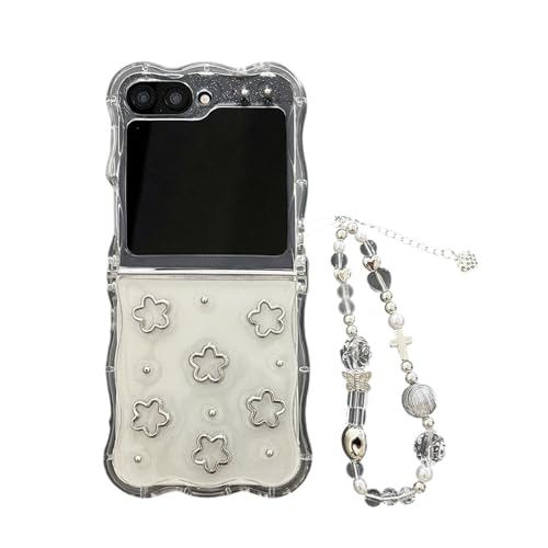 SCJLSDA Schutzhülle für Samsung Galaxy Z Flip 6, Blumen, exquisites niedliches Blumenmuster, transparente Schleife, Cartoon-Handy-Schutzhülle mit Armband (Blume) von SCJLSDA