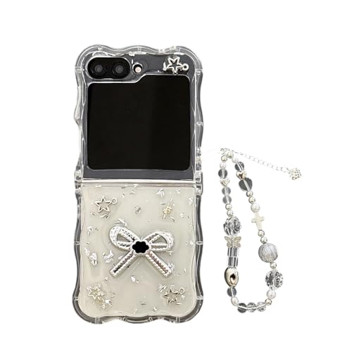 SCJLSDA Schutzhülle für Samsung Galaxy Z Flip 6, Blumen, exquisites niedliches Blumenmuster, transparente Schleife, Cartoon-Handy-Schutzhülle mit Armband (Schleife) von SCJLSDA