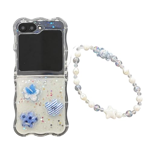 SCJLSDA Schutzhülle für Samsung Galaxy Z Flip 6, Blumen, exquisites niedliches Blumenmuster, transparente Schleife, Cartoon-Handy-Schutzhülle mit Armband (blaue Blume) von SCJLSDA