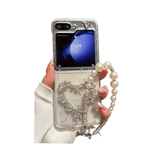 SCJLSDA Schutzhülle für Samsung Galaxy Z Flip 6, exquisit glänzende Pailletten, Diamant-Edelstein, Liebes-Design, niedliches Kawaii-Design, transparente Handy-Schutzhülle mit Armband (Liebe) von SCJLSDA