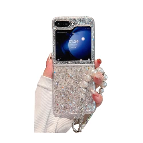 SCJLSDA Schutzhülle für Samsung Galaxy Z Flip 6, exquisit glänzende Pailletten, Diamanten, Liebes-Design, niedliches Kawaii-Design, transparente Handy-Schutzhülle mit Armband (Pailletten) von SCJLSDA