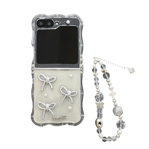 SCJLSDA Schutzhülle für Samsung Galaxy Z Flip 6, mit Spiegel, exquisites süßes Blumen- und Schleifen-Design, Motiv: Frau, Schmetterling, Biene, Cartoon, Handy-Schutzhülle mit Armband (Schleife) von SCJLSDA