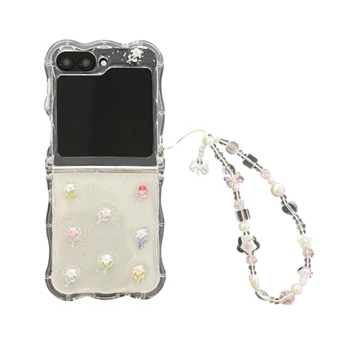 SCJLSDA Schutzhülle für Samsung Galaxy Z Flip 6, mit Spiegel, exquisites süßes Blumen- und Schleifen-Design, Motiv: Frau, Schmetterling, Biene, Cartoon, Handy-Schutzhülle mit Armband (kleine Blumen) von SCJLSDA