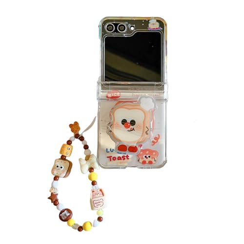 SCJLSDA Schutzhülle für Samsung Galaxy Z Flip 6, niedlich, Kawaii-Hund und Katze, Cartoon-Tier-Design, exquisite Schleife, Brot, stoßfeste Handyhülle mit Armband für Damen (Brot) von SCJLSDA