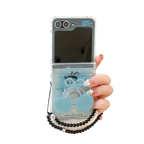 SCJLSDA Schutzhülle für Samsung Galaxy Z Flip 6, niedlich, Kawaii-Hund und Katze, Cartoon-Tier-Muster, exquisite Schleife, Brot, stoßfeste Handyhülle mit Armband für Damen, Kirschrot von SCJLSDA
