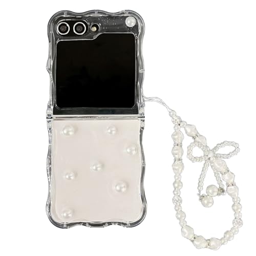 SCJLSDA Schutzhülle für Samsung Galaxy Z Flip 6, süßes 3D-Schleifen-Design, leichte, luxuriöse, glänzende Schutzhülle, mit Perlen-Edelstein-Diamant-Armband für Galaxy Z Flip 6 (Perle) von SCJLSDA