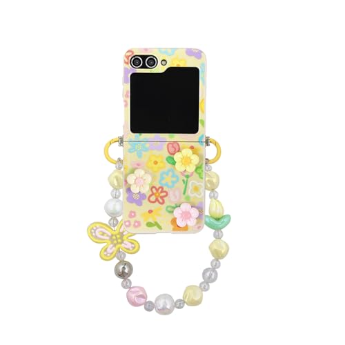 SCJLSDA Schutzhülle für Samsung Galaxy Z Flip 6/5, Blumen, Mädchen, exquisites Kawaii-Blumenmuster, niedlich, transparente Blume, Handy-Schutzhülle mit Armband (Galaxy Z Flip 6) von SCJLSDA