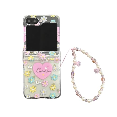 SCJLSDA Schutzhülle für Samsung Galaxy Z Flip 6/5, Blumen, Mädchen, exquisites niedliches Blumenmuster, klare Erdbeer-Druck, Handy-Schutzhülle mit Armband (Galaxy Z Flip 5, Love) von SCJLSDA