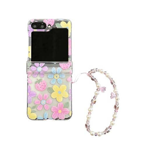 SCJLSDA Schutzhülle für Samsung Galaxy Z Flip 6/5, Blumen, Mädchen, exquisites niedliches Blumenmuster-Design, klare Erdbeer-Druck, Handy-Schutzhülle mit Armband (Galaxy Z Flip 5, Erdbeere) von SCJLSDA