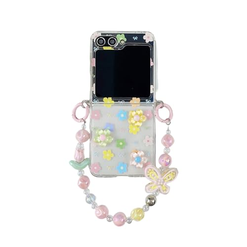SCJLSDA Schutzhülle für Samsung Galaxy Z Flip 6/5, Blumen, Mädchen, exquisites süßes Blumenmuster, Kawaii, transparente Handy-Schutzhülle mit Armband (Galaxy Z Flip 6) von SCJLSDA
