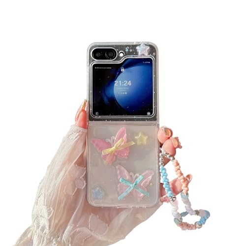 SCJLSDA Schutzhülle für Samsung Galaxy Z Flip 6/5, niedlich, exquisites pinkes Schmetterlingsmuster-Design, Kawaii-Stern, Handy-Schutzhülle mit Armband (Galaxy Z Flip 6) von SCJLSDA
