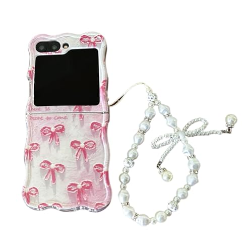 SCJLSDA Schutzhülle für Samsung Galaxy Z Flip 6/5, niedlich, exquisites rosa Schleifenmuster, Kawaii-Handy-Schutzhülle mit Armband (Galaxy Z Flip 6) von SCJLSDA