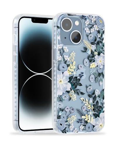 SCORPIFY Schutzhülle für iPhone 13 mit blauem Nemophila-Blumendesign, niedliche, transparente Blumen-Handyhülle für Frauen und Mädchen, [vergilbungsfrei], schlanker, stoßfester Bumper mit goldenen von SCORPIFY
