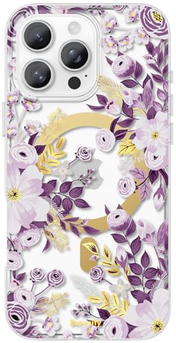 SCORPIFY für iPhone 16 Pro Max hülle mit lila Nemophila Blumen Design [kompatibel mit Magnetic], süße magnetische Blumen Telefonabdeckung mit goldenen Akzenten für Frauen und Mädchen von SCORPIFY