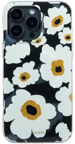 SCORPIFY für iPhone 16 Pro hülle mit schwarzem Klatsch Mohn Blumen Design [kompatibel mit Magnetic], süße magnetische Blumen Telefonabdeckung mit goldenen Akzenten für Frauen und Mädchen von SCORPIFY