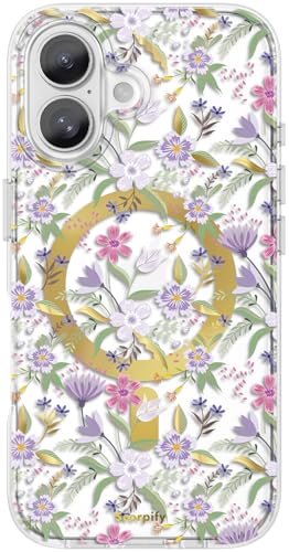 SCORPIFY für iPhone 16 hülle mit lila Kirsch Blumen Design [kompatibel mit Magnetic], süße magnetische Handy Schutzhülle mit Blumen Muster und goldenen Akzenten für Frauen und Mädchen von SCORPIFY
