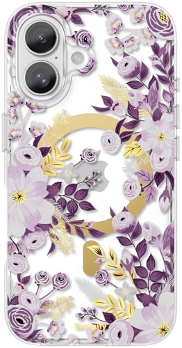 SCORPIFY für iPhone 16 hülle mit lila Nemophila Blumen Design [kompatibel mit Magnetic], süße magnetische Blumen Telefonabdeckung mit goldenen Akzenten für Frauen und Mädchen von SCORPIFY