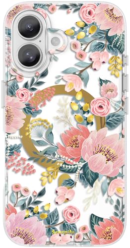 SCORPIFY für iPhone 16 hülle mit rosa Epiphyllum Blumen Design [kompatibel mit Magnetic], süße magnetische Telefonabdeckung mit Blumen Motiv und goldenen Akzenten für Frauen und Mädchen von SCORPIFY