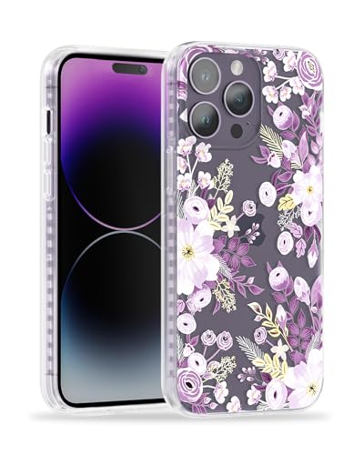 SCORPIFY für iPhone 14 Pro Hülle mit lila Nemophila Blumen Design, süße, transparente Blumen Telefonabdeckung für Frauen und Mädchen, [vergilbt Nicht] stilvoller Bumper mit goldenen Akzenten von SCORPIFY