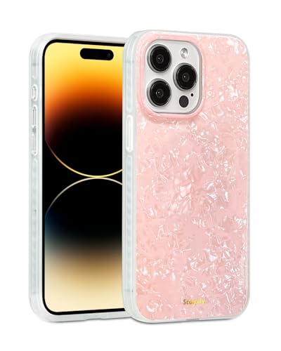 SCORPIFY für iPhone 15 Pro Hülle [Kompatibel mit Magnetic] mit rosa Perlen Design, niedlicher, transparenter magnetischer Handy Stoßfänger für Frauen und Mädchen, Cover mit Perlmutt Muschel Muster von SCORPIFY