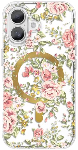 SCORPIFY für iPhone 16 Hülle mit Country Rose Floral Design [Kompatibel mit Magnetic], süße transparente magnetische Handyhülle mit Blumen Muster und goldenen Akzenten für Frauen und Mädchen von SCORPIFY