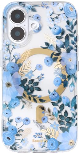 SCORPIFY für iPhone 16 Plus hülle mit blauem Nemophila Blumen Design [kompatibel mit Magnetic], süße magnetische Blumen Telefonabdeckung mit goldenen Akzenten für Frauen und Mädchen von SCORPIFY