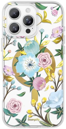 SCORPIFY für iPhone 16 Pro Hülle mit Hibiskus blüten Blumen Design [Kompatibel mit Magnetic], süße magnetische Handyhülle mit Blumenmuster für Mädchen, schmaler Bumper mit goldenen Akzenten von SCORPIFY