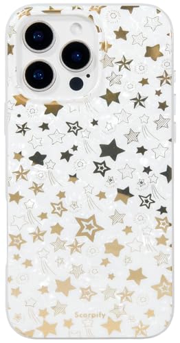 SCORPIFY für iPhone 16 Pro Max Hülle mit glänzendem Perlen Stern Design [kompatibel mit Magnetic], süße magnetische Telefonabdeckung für Frauen und Mädchen, Perlmutt Stoßfänger mit goldenen Akzenten von SCORPIFY