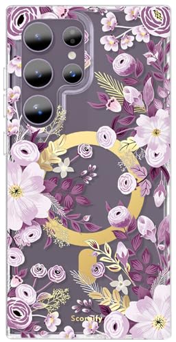 SCORPIFY kompatibel mit Samsung Galaxy S25 Ultra Hülle [Kompatibel mit Magnetic] für lila Nemophila Blumen Design, Blumen Handyhülle für Frauen und Mädchen, Bumper mit stilvollen goldenen Akzenten von SCORPIFY