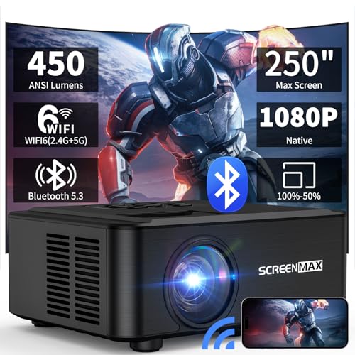 SCREENMAX Nativer Projektor 1080P mit WLAN und Bluetooth, tragbarer Filmprojektor 2024 450 ANSI für den Außenbereich, Heimvideoprojektor, kompatibel mit iPhone/Android/TV Stick von SCREENMAX