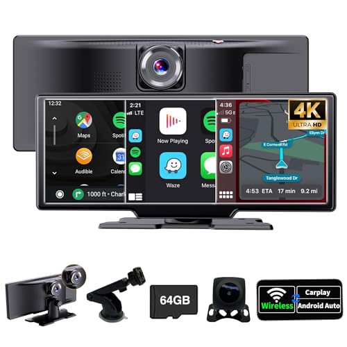 SCUMAXCON 10,3 Zoll IPS Touchscreen Wireless Carplay Wireless Android Auto Airplay 4K Dash Cam 1080P Backup Kamera Bluetooth GPS Navigation FM Eingebauter Lautsprecher Mittelkonsole Multimedia Player von SCUMAXCON