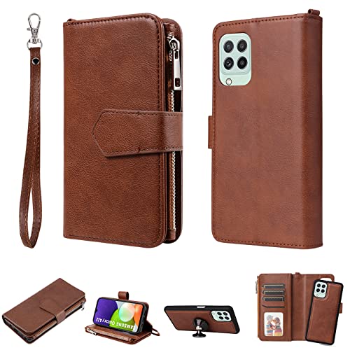 Ooboom 2in1 Reißverschluss Hülle für Samsung Galaxy A22 4G/M22 4G/M32, Abnehmbare Magnetische Flip PU Leder Schutzhülle Tasche TPU Case Cover Brieftasche Ständer Kartenfächer Trageschlaufe - Braun von SCYENZ