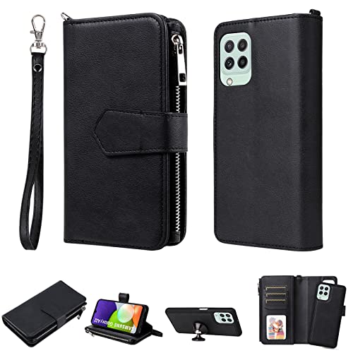 Ooboom 2in1 Reißverschluss Hülle für Samsung Galaxy A22 4G/M22 4G/M32, Abnehmbare Magnetische Flip PU Leder Schutzhülle Tasche TPU Case Cover Brieftasche Ständer Kartenfächer Trageschlaufe - Schwarz von SCYENZ