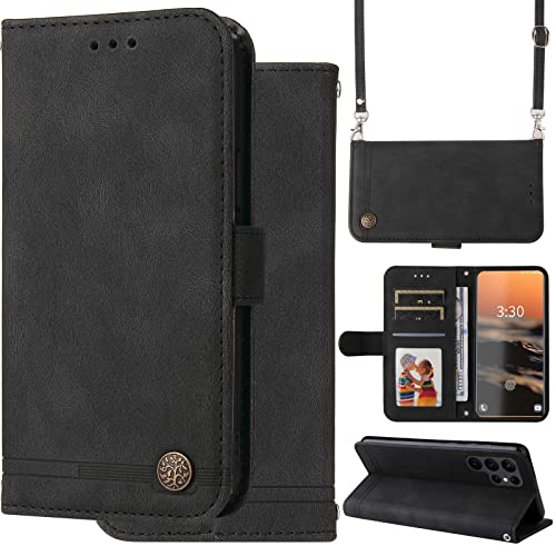 Ooboom Hülle Wallet für Samsung Galaxy S23 Ultra, Reißverschluss Zipper Magnetische Flip PU Leder Schutzhülle Handy Tasche Case Cover Silikon TPU Kartenfächer Trageschlaufe Schulterriemen - Schwarz von SCYENZ