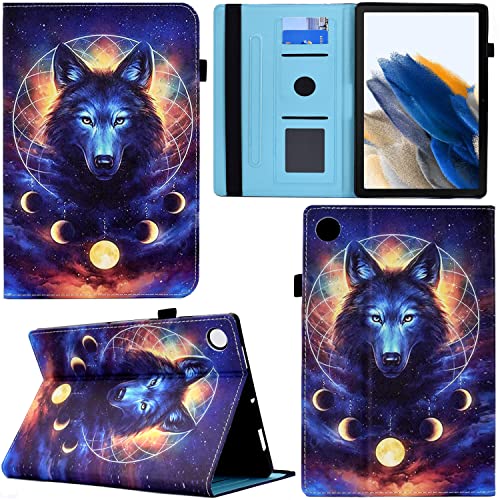 Ooboom Hülle für Samsung Galaxy Tab A8 10,5", PU Leder Flip Smart Cover Schutzhülle Tasche Brieftasche Wallet Case Schale Ständer mit Kartenfächer Gummiband - Wolf von SCYENZ