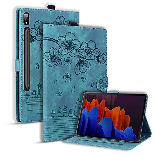 Ooboom Hülle für Samsung Galaxy Tab S7+ Plus/Tab S7 FE/Tab S8+ Plus, Blume Katze Muster Magnetische Flip Smart Cover PU Leder Schutzhülle Tasche Multi-Winkel Wallet Case Ständer mit Kartenfächer -Grün von SCYENZ