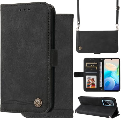 SCYENZ Ooboom Hülle für VIVO Y76 5G/Y76S, Wallet Magnetische Flip PU Leder Schutzhülle Handy Tasche Case Cover mit Silikon TPU Kartenfächer Stand Trageschlaufe Schulterriemen - Schwarz von SCYENZ