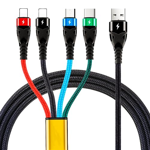 SDBAUX 3A/1.2M Multi USB Kabel, 4 in 1 USB Ladekabel Nylon Universal Mehrfach Ladekabel Schnelles Laden mit 2 iP Micro USB Typ C Port für iP, Tablets, Samsung Galaxy, LG, Google PS5 von SDBAUX