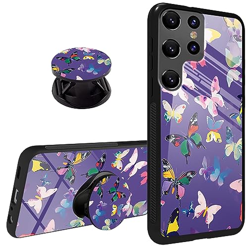 Schutzhülle für Samsung Galaxy S21 Ultra, Handy-Griff mit erweiterbarem Ständer, Ständer, weicher TPU-Stoßfänger, stoßfest, kratzfest, harte Rückseite, für Samsung S21 Ultra, Schmetterlinge Violett von SDFCVBTYU