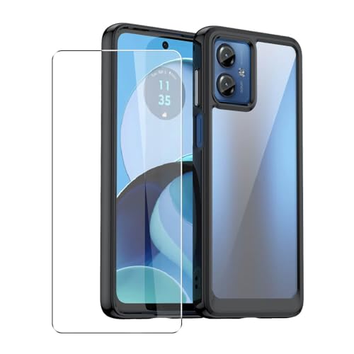 SDTEK Handyhülle Für Motorola Moto G14, Weiche Stoßstangenabdeckung + Glas-Displayschutz 360-Grad-Schutz Bumper (Schwarz) von SDTEK