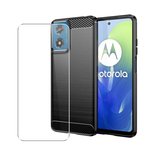 SDTEK Hülle Für Motorola Moto E14 Schutzhülle 360 Protection Karbon Cover Mit Schutzfolie Glas Displayschutz Case Handyhülle von SDTEK