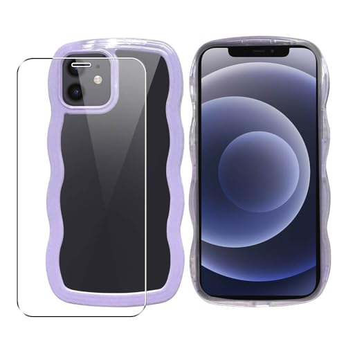 SDTEK Hülle Für iPhone 12/12 Pro, Wellen Design Klarer Rückabdeckung + Glas Bildschirmschutz 360 Damen Mädchen (Lila) von SDTEK