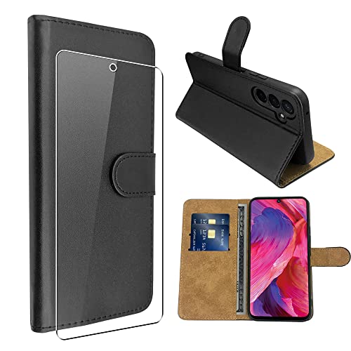 SDTEK Hülle Kompatibel mit Samsung Galaxy A54 5G, Tasche Leder Flip Case Brieftasche Book Schutzhülle Handyhülle + Glasschutzfolie (Schwarz) von SDTEK