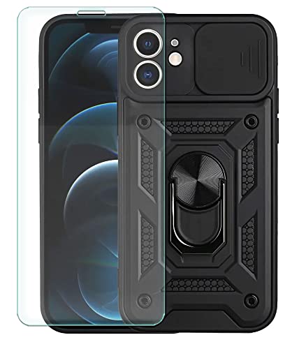 SDTEK Hülle Kompatibel mit iPhone 12, Handyhülle Kameraobjektivschutz, Ständer, Magnetringhalter Glas Displayschutzfolie (Schwarz) von SDTEK