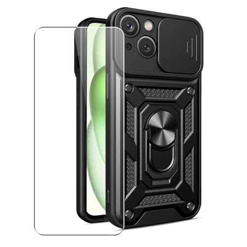 SDTEK Hülle Kompatibel mit iPhone 15 Plus, Handyhülle Kameraobjektivschutz, Ständer, Magnetringhalter Glas Displayschutzfolie (Schwarz) von SDTEK