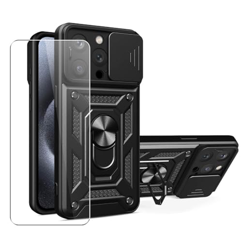 SDTEK Hülle Kompatibel mit iPhone 15 Pro, Handyhülle Kameraobjektivschutz, Ständer, Magnetringhalter Glas Displayschutzfolie (Schwarz) von SDTEK